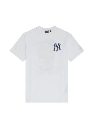 Hvid bomulds t-shirt med et marineblåt New York Yankees-logo og et subtilt trykt popcornspand-design på forsiden.