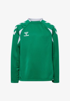 Grünes Sporttrikot mit langen Ärmeln, weißen Chevron-Akzenten an den Ärmeln, weißem Kragenrand und einem weißen Hummel-Logo auf der Brust.