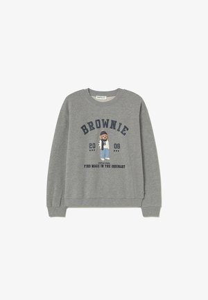 Gray sweatshirt with a crew neckline, featuring a central graphic of a cartoon character in blue attire and text in navy: "BROWNIE 2006."