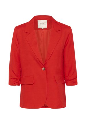 Punane bleiser, mis on valmistatud kerge kangast, millel on sälgulapiga krae, kolmveerandvarrukad, ühe nupuga sulgemine ja kaks esist taskut.