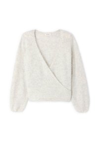 Helles graues, kurzes Sweatshirt aus weichem, flauschigem Material. Verfügt über einen tiefen V-Ausschnitt und leicht gepuffte lange Ärmel. Keine Muster oder Verzierungen.