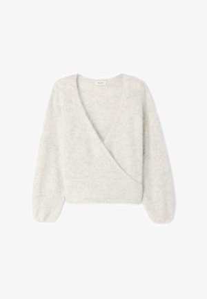 Světle šedý zkrácený svetr vyrobený z měkkého, chlupatého materiálu. Má hluboký výstřih do V a mírně nabírané dlouhé rukávy. Bez vzorů nebo ozdob.