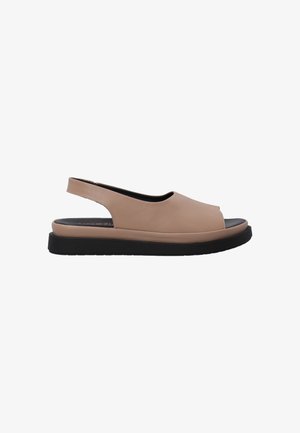 Slingback sandal i blødt beige læder med en rund åbning og sort gummisål. Har en glat overflade og minimalistisk design.