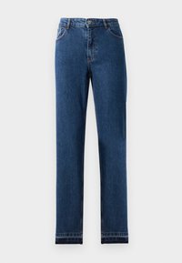 Blå denim jeans med rett ben-design, fem lommer og en knappestang-lukking. Har kontrastsøm og en lett falming.