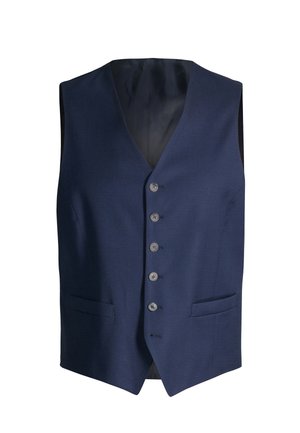 Marineblauw formeel herenvest met vijf knopen aan de voorkant, twee voorzakken en een V-halskraag, getoond tegen een witte achtergrond.