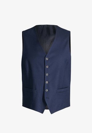 Marineblauw formeel herenvest met vijf knopen aan de voorkant, twee voorzakken en een V-halskraag, getoond tegen een witte achtergrond.