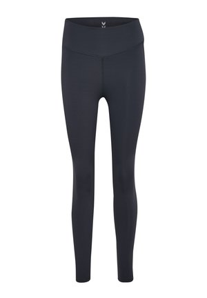 Schwarze, hochtaillierte Leggings aus einem glatten, dehnbaren Stoff. Verfügt über ein nahtloses Design ohne sichtbare Nähte und eine figurbetonte Silhouette.