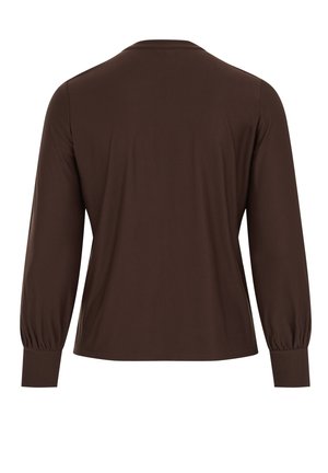 Rjavo majico z dolgimi rokavi iz mehke tkanine. Ima nabran rokav in udoben kroj. Zadnji pogled prikazuje gladko teksturo in preprost dizajn.
