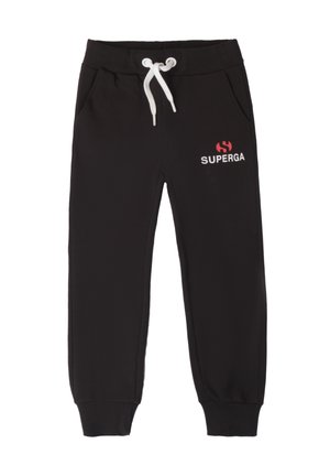 Schwarze Sweatpants mit einem Kordelzugbund, seitlichen Taschen und rotem "SUPERGA"-Logo. Hergestellt aus glattem Stoff, mit schmal zulaufenden Knöchelbündchen.