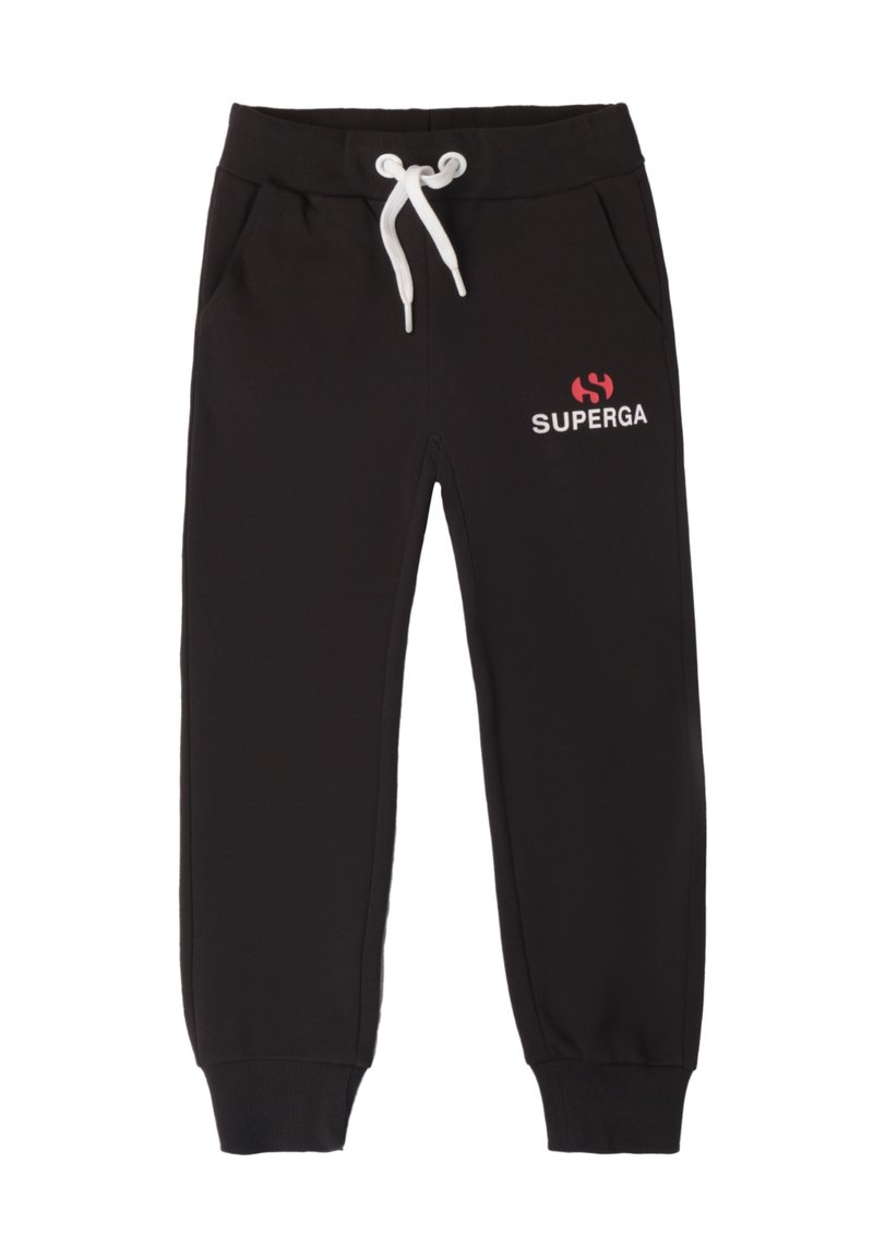 Schwarze Sweatpants mit einem Kordelzugbund, seitlichen Taschen und rotem "SUPERGA"-Logo. Hergestellt aus glattem Stoff, mit schmal zulaufenden Knöchelbündchen.