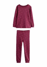 Set de pijamale cu mânecă lungă de culoare burgundă, cu modele florale mici; țesătură moale, croială relaxată; include un top și pantaloni ajustați cu talie elastică.