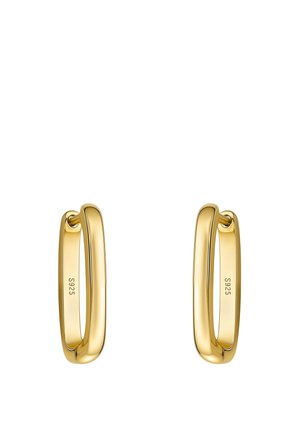 Par glatte, polerede guldfarvede rektangulære creoler med afrundede kanter, hver stemplet "S925" indvendigt.