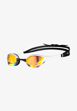 Gafas de natación con un marco blanco y negro, lentes amarillos y espejados de colores, y una correa negra ajustable para un ajuste seguro.