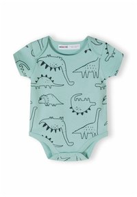 Svijetlozelena t-shirt bodi s kratkim rukavima s crnim printom dinosaura, okruglom izrezom i gumbima za snaps na dnu za jednostavno oblačenje.