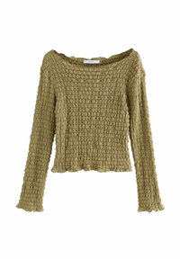 Lichtolijfkleurig textuurtop met lange mouwen, geribbeld materiaal, off-shoulder halslijn en een golvende zoom. Label genaamd "NEXT" is zichtbaar.