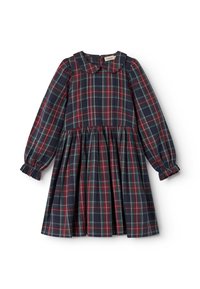 Ναυτικό καρό φόρεμα με στρογγυλό γιακά, μακριά φούσκωτα μανίκια και συγκεντρωμένη μέση. Κόκκινες και πράσινες λεπτομέρειες στο καρό σχέδιο. Μαλακό ύφασμα.