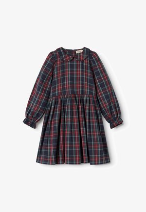 Mornarica karirana haljina s zaobljenom kragnom, dugim napuhanim rukavima i nabranym strukom. Crvene i zelene akcenti u uzorku kariranog dezena. Mekani materijal.