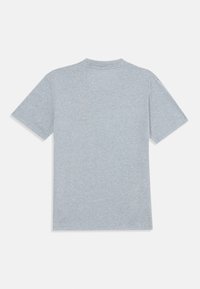 Graues Kurzarm-T-Shirt mit Rundhalsausschnitt, aus weichem Baumwollmischgewebe, mit einem schlichten Rücken ohne Drucke oder Verzierungen.