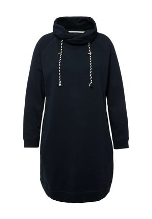 Vestido sudadera azul marino con cuello tipo cowl y cordones ajustables. Presenta mangas raglán y puños de canalé. Textura de tela suave.