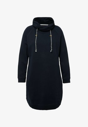 Navyblaues Sweatkleid mit einem Schalkragen und verstellbaren Kordelzügen. Verfügt über Raglanärmel und gerippte Bündchen. Weicher Stoff.