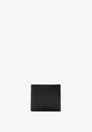 Black leather wallet with a minimalist design. Rectangular shape, smooth texture, features subtle stitching and a logo embossed on the bottom.
