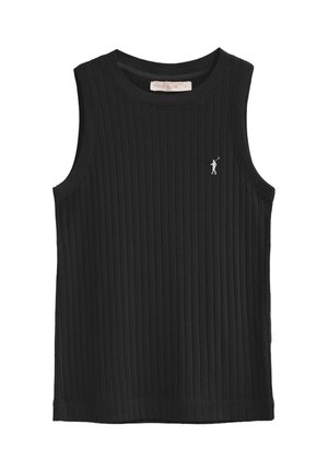 Haut sans manches en maille côtelée noire avec encolure ronde et petit logo joueur de polo blanc sur le côté gauche de la poitrine.