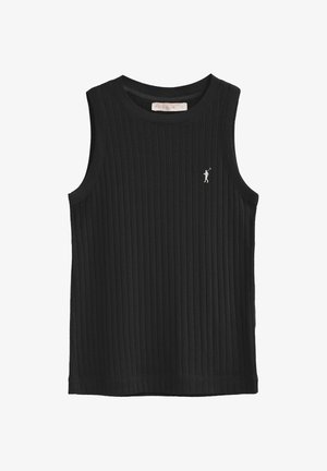 Haut sans manches en maille côtelée noire avec encolure ronde et petit logo joueur de polo blanc sur le côté gauche de la poitrine.