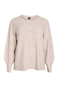 Light beige knitted sweater featuring a diamond pattern with openwork detail, rounded neckline, and long, slightly puffed sleeves.