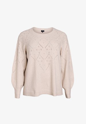 Light beige knitted sweater featuring a diamond pattern with openwork detail, rounded neckline, and long, slightly puffed sleeves.