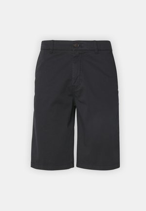 Dunkelblaue Shorts aus Baumwollmischung, mit Knopfverschluss, Gürtelschlaufen und geradem Schnitt. Glatte Textur ohne sichtbare Muster.