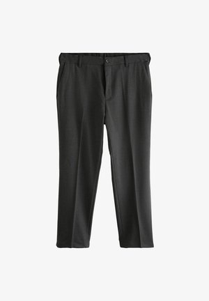 Grijze op maat gemaakte broek met een flat front, twee zijzakken en een knoopsluiting. Gladde stof met een subtiele textuur en persplooien.