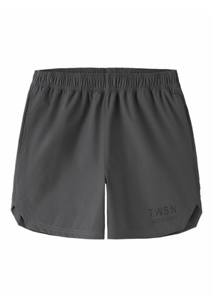 Dunkelgraue Sportshorts mit elastischem Bund und kleinem Aufdruck "T.W.S.N 202315191514" am unteren linken Bein.