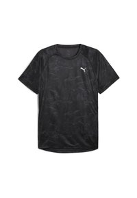 Sort atletisk T-shirt med et subtilt geometrisk mønster, korte ærmer, rund hals og reflekterende hvidt logo på brystet.