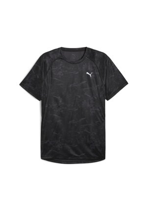 Sort atletisk T-shirt med et subtilt geometrisk mønster, korte ærmer, rund hals og reflekterende hvidt logo på brystet.