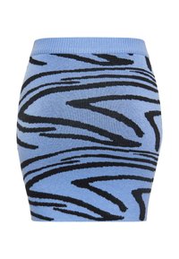 Fénykék világoskék kötött mini szoknya fekete zebra mintákkal. Csíkos derékrész, sima textúra, testhez álló fazon, és nincs látható hardver.