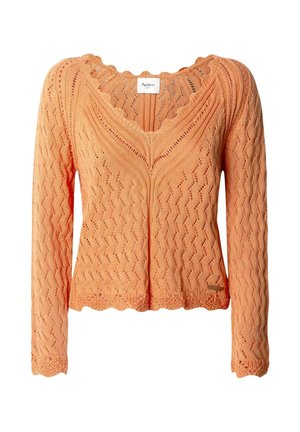 Cardigan arancione lavorato a maglia con scollatura a ondine, maniche lunghe e motivo a zigzag. Presenta un'etichetta logo discreta all'orlo.