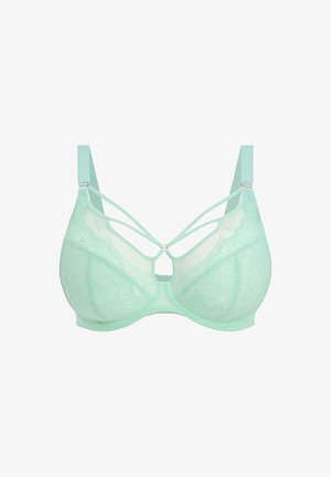 Mintgroene beha met een mix van kant en doorschijnende mesh, met kruislings aangebrachte bandjes en zilveren hardware accenten. Zachte textuur en ronde cups.