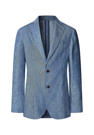 Veste de costume en lin bleu avec un revers cranté, deux boutons et des poches à rabat. Tissu texturé dans une teinte de bleu légèrement plus claire.