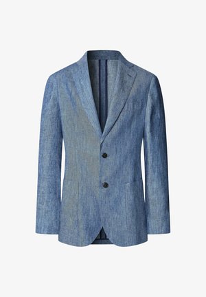 Giacca in lino blu con rever a scollatura, due bottoni e tasche a pattina. Tessuto strutturato di una tonalità di blu leggermente più chiara.