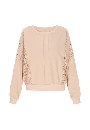 Felpa beige chiaro con maniche lunghe decorata con dettagli a motivo pizzo, scollatura rotonda e un pannello centrale texturizzato.