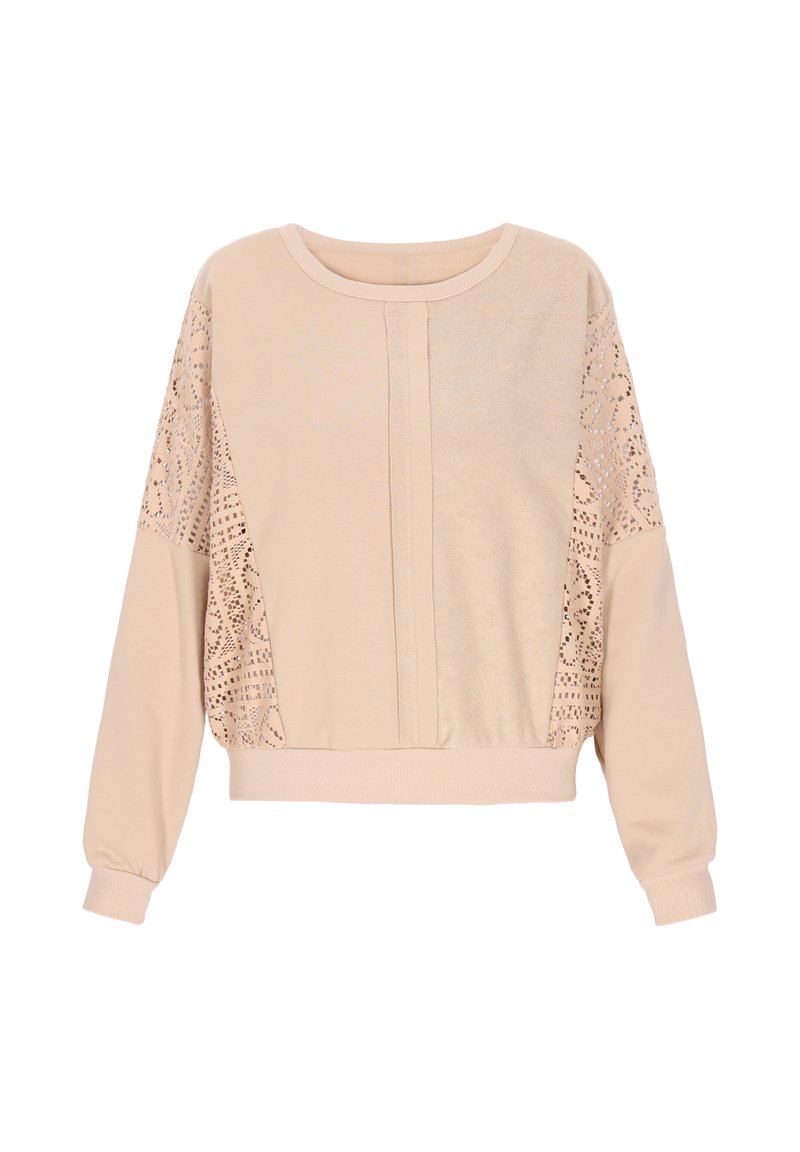 Felpa beige chiaro con maniche lunghe decorata con dettagli a motivo pizzo, scollatura rotonda e un pannello centrale texturizzato.