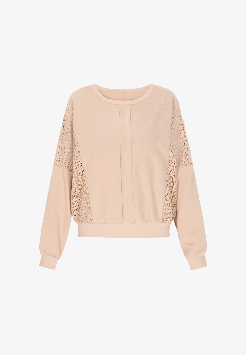 Felpa beige chiaro con maniche lunghe decorata con dettagli a motivo pizzo, scollatura rotonda e un pannello centrale texturizzato.