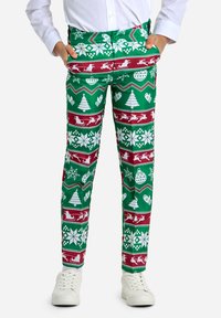 Pantaloni festivi verdi con motivo che presenta fiocchi di neve bianchi, renne, alberi di Natale e decorazioni, con una vestibilità slim e tasche.