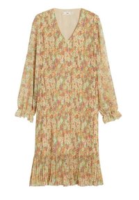 Blumenmusterkleid mit V-Ausschnitt, langen Puffärmeln und gerafften Bündchen. Hergestellt aus leichtem Stoff, mit einem gefältelten Saum.