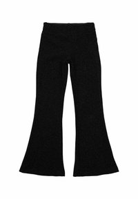 Črne široke hlače iz mehkega, teksturiranega materiala. Imajo visok pas in široke hlačnice, ki se na dnu širijo.