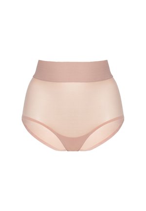 Hoog uitgesneden, doorschijnend huidskleurig damesondergoed met een brede, solide tailleband en een glad, naadloos ontwerp.