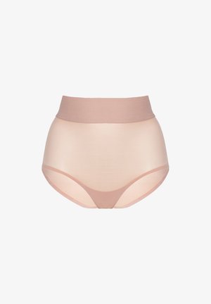 Højtaljede, gennemsigtige nude kvindelige undertøj med en bred, solid talje og et glat, sømløst design.