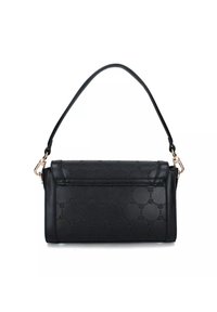 Borsa a tracolla in pelle nera con motivo impresso, accessori in oro, forma rettangolare, texture liscia e chiusura a flap frontale.