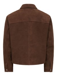 Veste en daim marron vue de dos avec manches longues, col et poignets boutonnés.