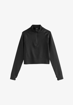 Svart kortärmad sweatshirt med hög hals, dragkedja, ribbat material och långa ärmar med raglan-seams. Enkelt mönster, inga mönster eller detaljer.